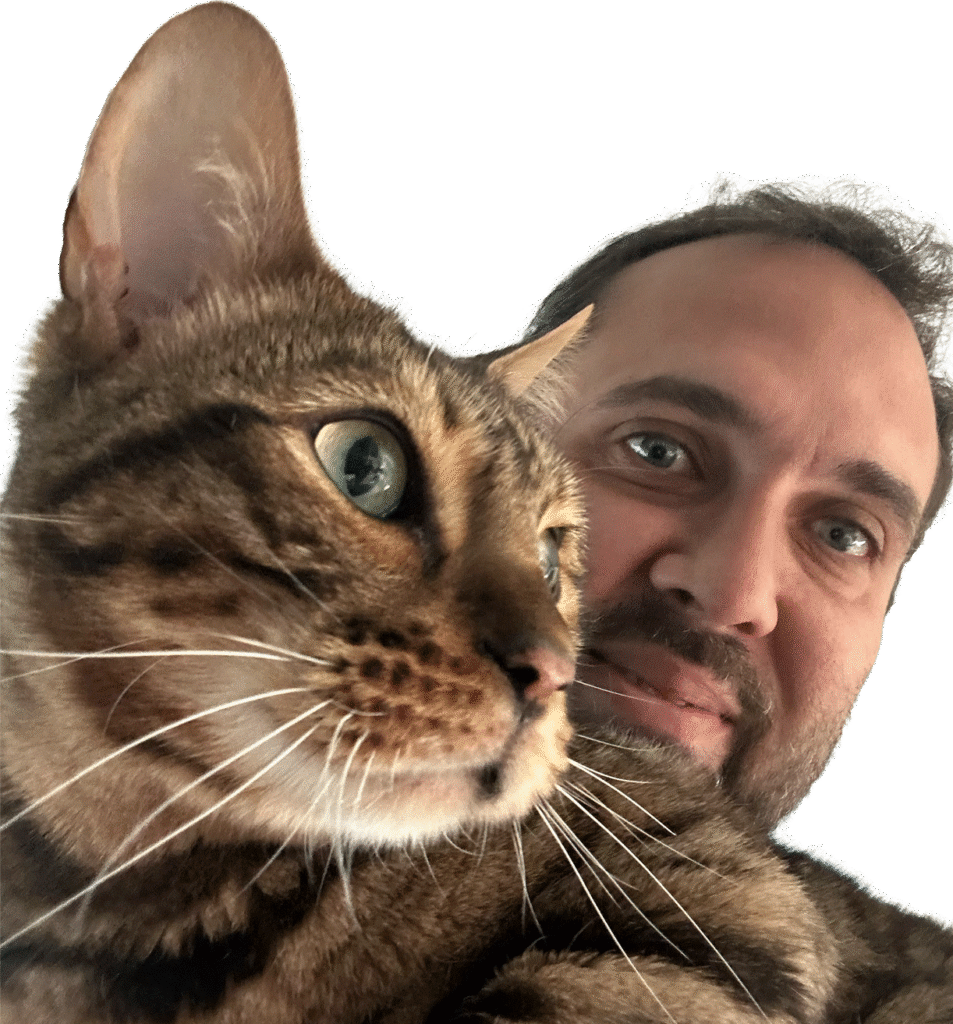 Cat sitter Felipe holding a bengal cat