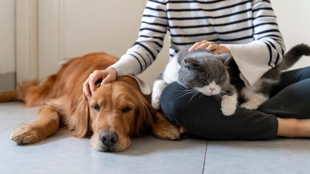 A pet sitter pets a golden retriever dog and a grey cat