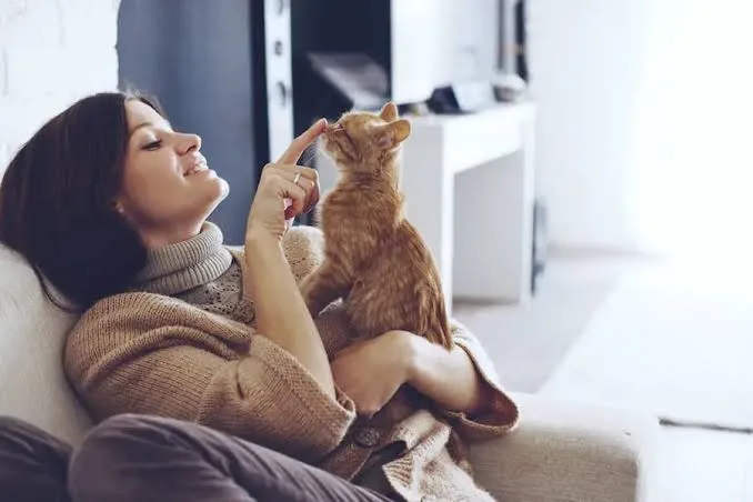A woman plays with a cat during her pet sitting